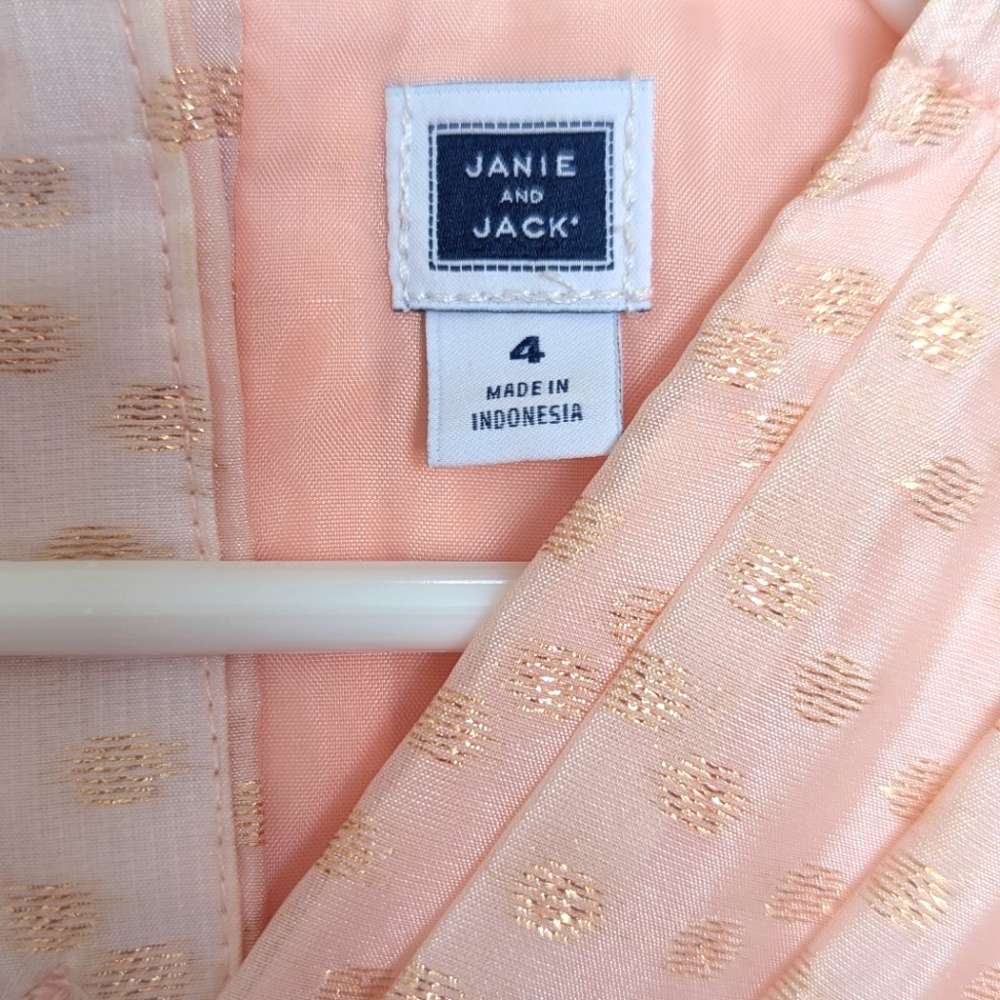 Janie and Jack Pleated Pink Peach Dress with Gold Embroidered Dots - Size 4T - Picture 8 of 10